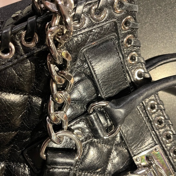 Michael Kors Black Leather Tote Silver Lock Laced Trim MK - Picture 10 of 12